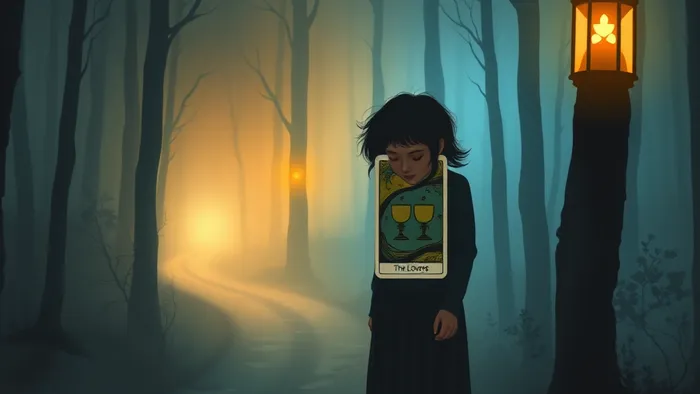 Человек на перепутье в туманном лесу держит карту Таро как фонарь, освещая две разные тропы, символизирующие прошлые и нынешние отношения.