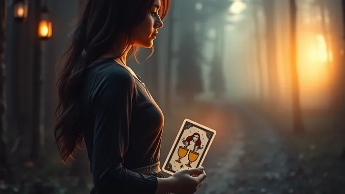 Символическое изображение выбора: женщина на развилке двух дорог в лесу держит светящуюся карту Таро Два Кубков, олицетворяющую решение о возвращении бывшего мужа.