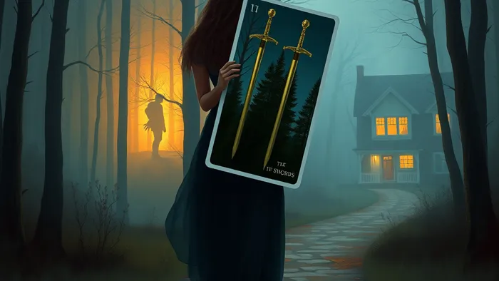 Символическое изображение выбора на распутье: женщина с картой Таро 2 Мечей на фоне двух разных дорог, олицетворяющих прошлые и нынешние отношения.