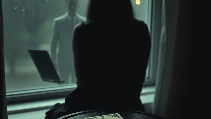 Символичное изображение женщины у окна, размышляющей о предложении встречи от бывшего. На столе карта Таро Девятка Мечей, отражающая тревогу и сомнения.