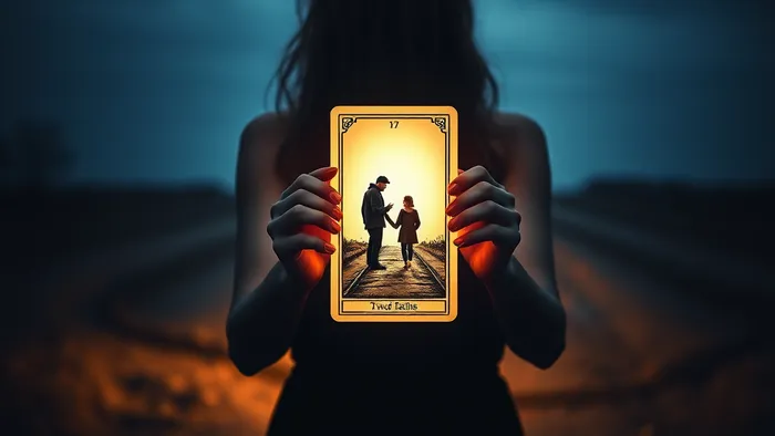 Символическое изображение женщины на перепутье, держащей в руках светящуюся карту Таро, олицетворяющую сложный выбор между возвращением к прошлому и одиноким, но ясным путем.