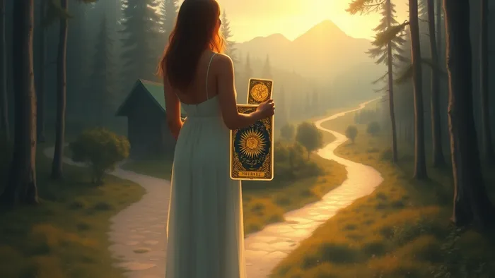 Символическое изображение выбора на перепутье отношений: две дороги и женщина с картой Таро.