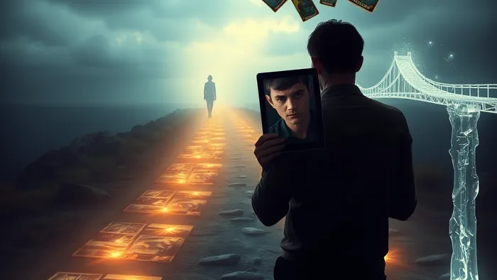 Человек на перепутье между тропой из старых фотографий (прошлое) и хрупким мостом из света (настоящее). В руках зеркало, отражающее внутренний конфликт. Вокруг парят карты Таро: Влюблённые, 2 Мечей, Колесница.