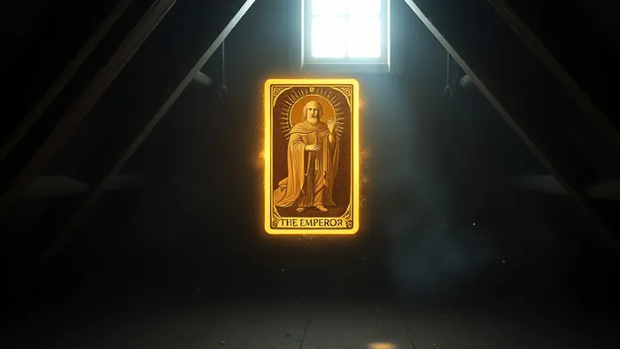 Магическая атмосфера старого чердака с парящей полупрозрачной картой Таро Император, символизирующей юридические и структурные сложности реконструкции.