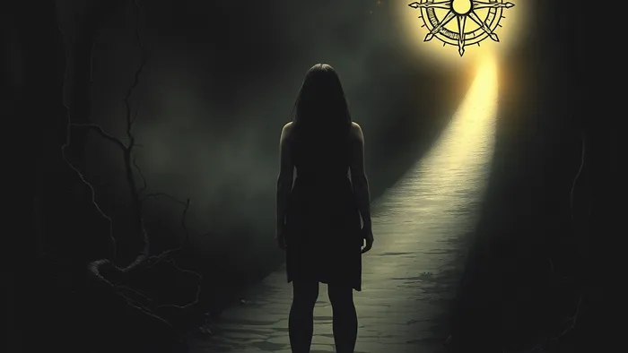 Символическое изображение человека на перепутье: тёмная тернистая тропа и путь, освещённый звёздами и картами Таро, символизирующий выбор и поиск направления в период неудач.