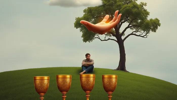 Символическое изображение Четверки Кубков Таро: человек в задумчивости сидит под деревом, игнорируя четвертый кубок, который ему предлагают с небес.