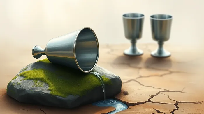 Символическое изображение перевернутой Четверки Кубков: опрокинутая чаша, из которой течет ручей, орошая сухую землю, на фоне размытых очертаний других чаш.