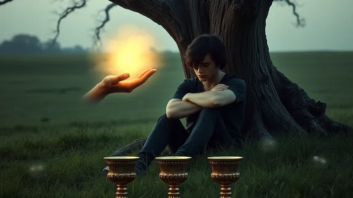 Символическое изображение карты Таро Четверка Кубков: человек в состоянии глубокой задумчивости сидит под деревом, отвергая предлагаемую чашу.