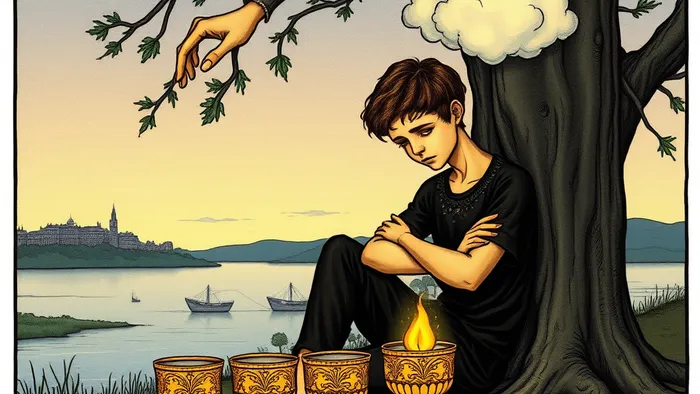 Иллюстрация карты Таро Четверка Кубков: человек в задумчивости отвергает новый дар, символ апатии и эмоциональной усталости.