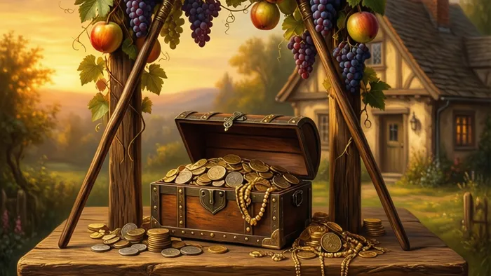 Символическое изображение Четверки Жезлов Таро: четыре посоха образуют арку, украшенную плодами, под которой стоит сундук с монетами, на фоне уютного дома. Символ финансовой стабильности и надежного фундамента.