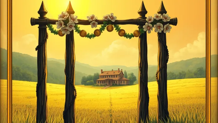 Символическое изображение карты Таро Четверка Жезлов: четыре украшенных цветами посоха образуют арку в солнечном поле, символизируя финансовую стабильность и прочный фундамент.