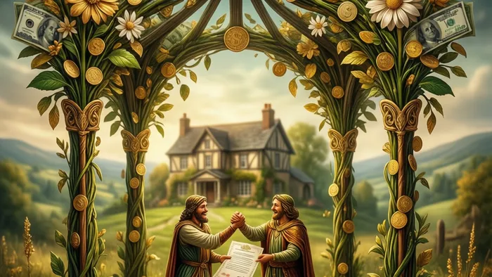 Иллюстрация карты Таро Четверка Жезлов в финансовом контексте: жезлы, украшенные монетами, образуют арку стабильности, под которой фигуры заключают сделку.