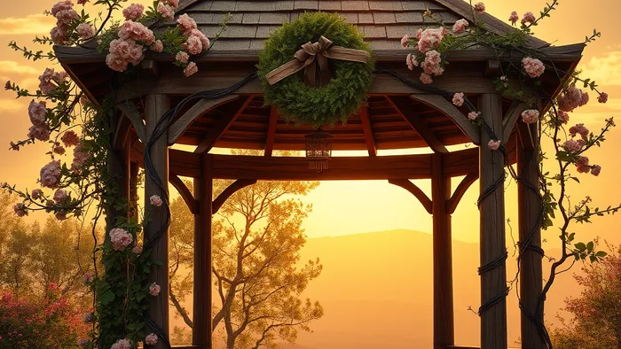 Символическое изображение Четверки Жезлов Таро: прочная беседка, увитая цветами, как символ стабильности и праздника на пути.