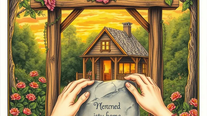 Иллюстрация в стиле Таро: Четверка Жезлов как символ построения прочного дома для любви. Цветущая арка, общие руки, закладывающие фундамент.