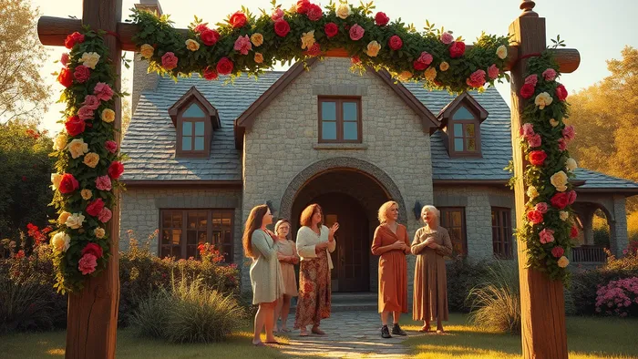 Реалистичная сцена, вдохновленная картой Таро Четверка Жезлов: цветочная арка из четырех украшенных гирляндами столбов, на заднем плане уютный дом, создающий ощущение стабильности и праздника.