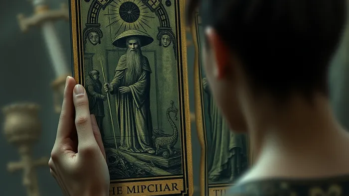 Символическое изображение: человек смотрит на своё отражение в карте Таро Маг, где видит тень прошлого воплощения. Иллюстрация связи нынешнего чувства неполноценности с кармическими сценариями.