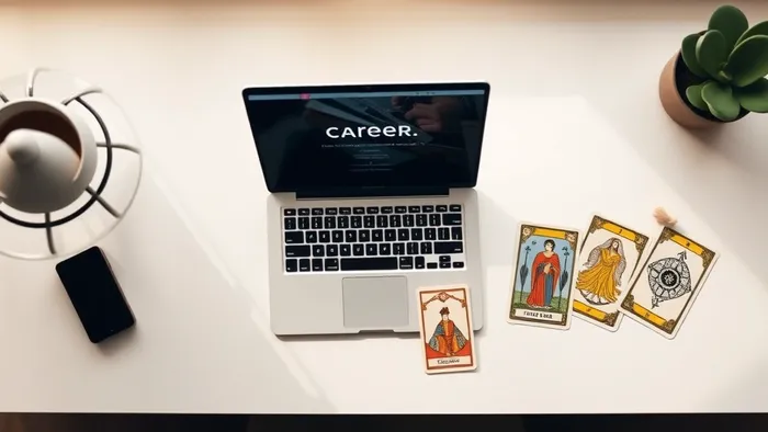 Рабочий стол с ноутбуком и раскладом карт Таро для анализа карьерной стратегии