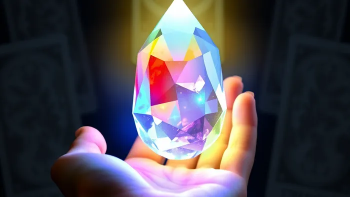 Символическое изображение здоровья в Таро: рука держит сияющий кристалл, отражающий четыре стихии (огонь, вода, воздух, земля), на фоне контуров Старших Арканов.