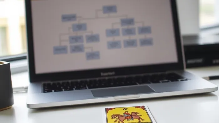 Символичное изображение для статьи: ноутбук с оргсхемой и карта Таро 'Колесница' на столе в офисе.