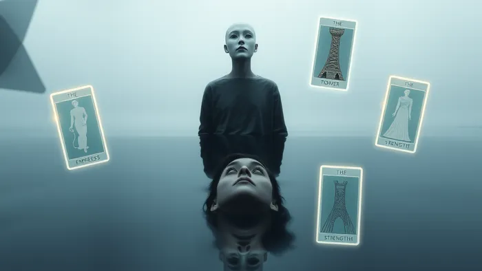 Символическое изображение человека в тихой гавани с двойным отражением: маска спокойствия на поверхности и истинное лицо под водой. Вокруг парят полупрозрачные образы карт Таро: Императрица, Башня и Сила.