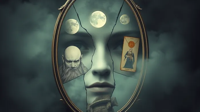 Символическое изображение: разбитое зеркало отражает не лицо, а образы арканов Таро, парящие в туманном пространстве. Иллюстрация к теме неосознанных страхов, связанных с внешностью.