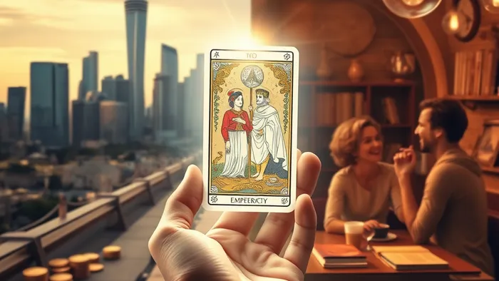 Символическое изображение дилеммы выбора страны для ПМЖ: развитый город и уютное общение, объединенные картой Таро в центре.