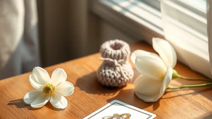 Карта Таро 'Императрица' лежит рядом с вязаными пинетками и цветком магнолии на деревянном столе в мягком утреннем свете.