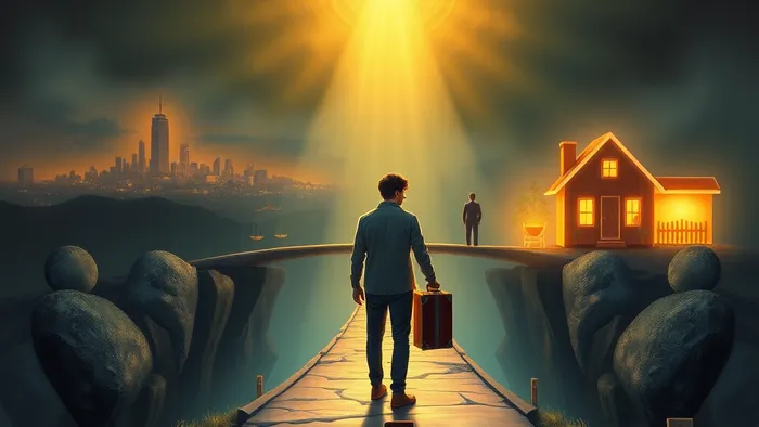 Символическое изображение внутреннего конфликта: человек на перепутье между городом и родительским домом, мост из карт Таро соединяет берега.
