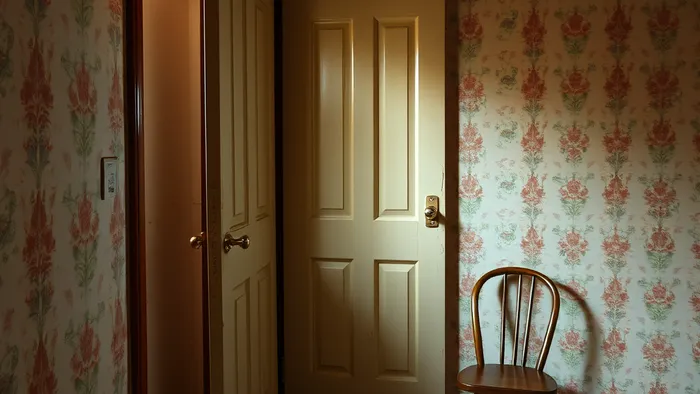 Открытая дверь в пустой комнате, на полу карта Таро Колесница, символизирующая отъезд и движение вперед