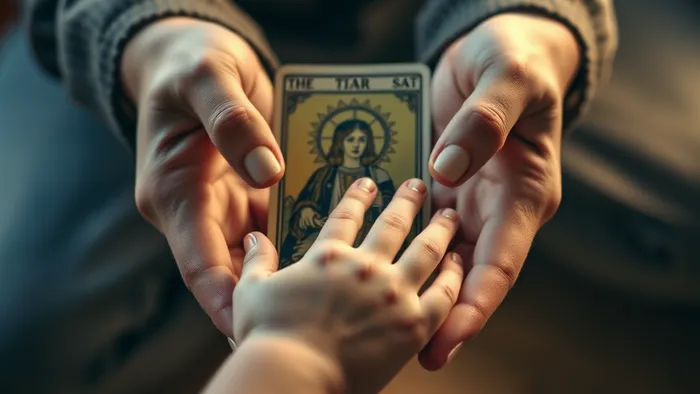 Рука родителя и рука ребёнка вместе держат карту Таро Императрица, символизирующую тему родительской вины и заботы.