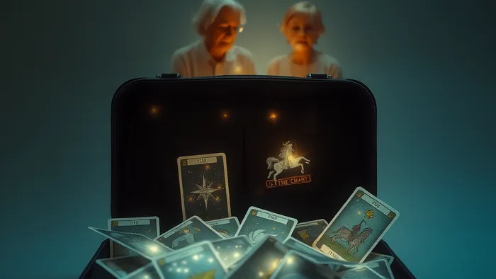 Символичное изображение: из открытого чемодана вместо вещей вытекают созвездия и карты Таро, на фоне — светящиеся силуэты родителей.