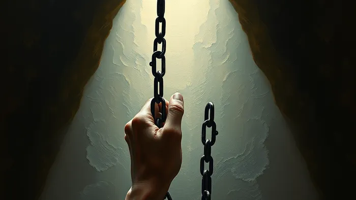 Символическое изображение аркана Дьявол с фокусом на свободно лежащие цепи и выражение осознания на лице одной из фигур.