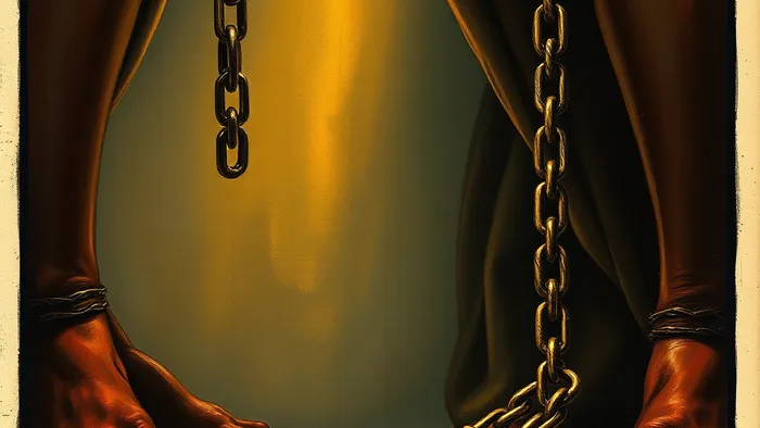 Символическое изображение Аркана Дьявол из Таро, где акцент сделан на свободно лежащих цепях и ключе освобождения на переднем плане.