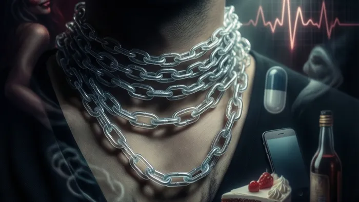 Символическое изображение карты Таро Дьявол с акцентом на свободные цепи и фоновыми медицинскими и соблазнительными символами, иллюстрирующее тему зависимости и здоровья.