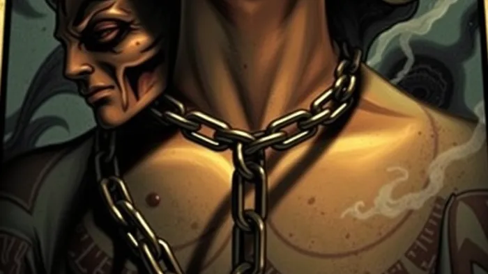 Символическое изображение карты Таро Дьявол: крупный план свободных цепей на шеях фигур, иллюстрирующих тему ситуационной зависимости и иллюзии.