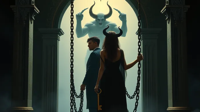 Символическое переосмысление карты Дьявол Таро: фигуры держат в руках концы своих цепей, подчёркивая иллюзорность плена.