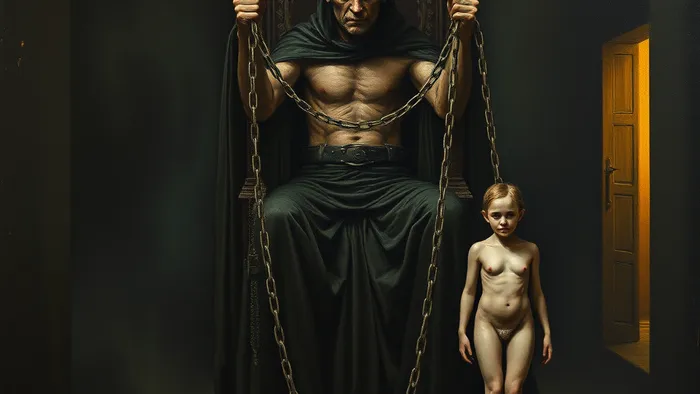 Символическое переосмысление карты Таро Дьявол: фигура на троне держит свободные цепи, которые добровольно удерживают две человеческие фигуры, на заднем плане — намёк на выход.