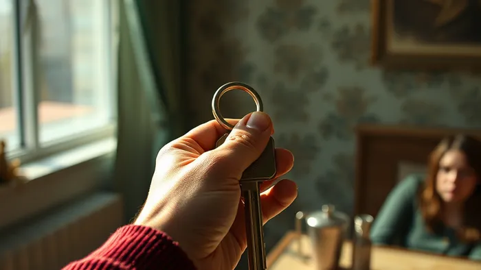 Метафорическое изображение передачи недвижимости: рука пожилого человека передаёт ключ молодой руке на фоне карт Таро, символизирующих семейные связи и суд.