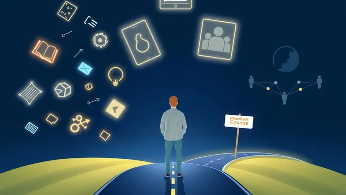 Человек на перепутье между путём из свободно парящих цифровых иконок (бесплатная информация) и структурированной дорогой с указателем «Премиум-курс». Над ним парят три архетипа Таро: Маг, Отшельник и Колесница.