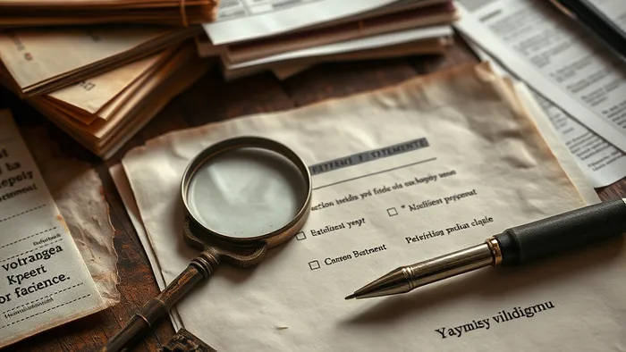 Стол с документами для доказательства давности владения: старые квитанции, свидетельские показания, кадастровый план и ключ.