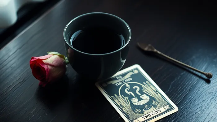 Символическая композиция: карта Таро Двойка Кубков лежит рядом с чашкой чая и розой, где один бутон раскрыт, а другой закрыт, на тёмном деревянном столе.
