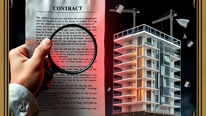 Концептуальное изображение в стиле карт Таро: лупа над договором ДДУ с подсвеченными красным опасными пунктами и полупостроенный дом на фоне.