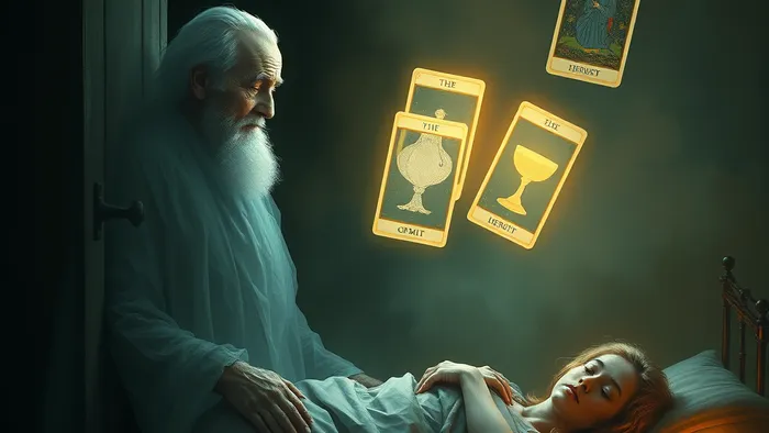 Мистическое изображение: полупрозрачная фигура дедушки смотрит из темного дверного проема на спящего человека, между ними парят светящиеся карты Таро (Жрица, Отшельник, Шестерка Кубков).