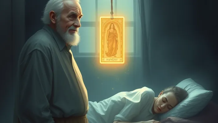 Эфирный образ дедушки в спальне и парящая карта Таро, иллюстрирующая тихое послание из сновидения.