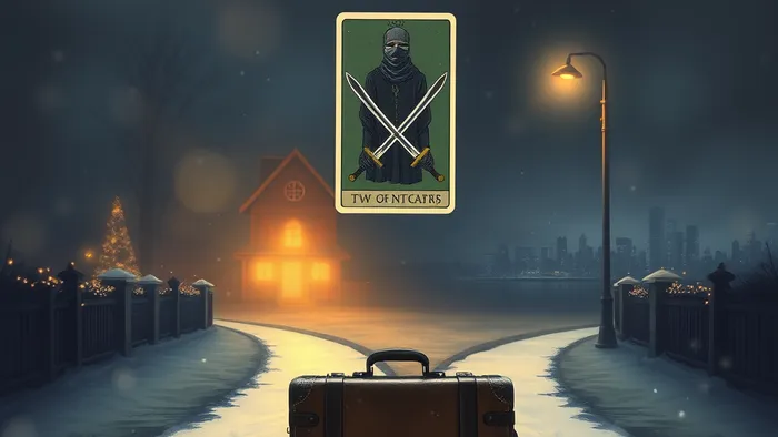 Символическое изображение выбора: чемодан на распутье между тёплым светом дома и холодным светом города в снегопад. Между путями парит карта Таро Двойка Мечей.