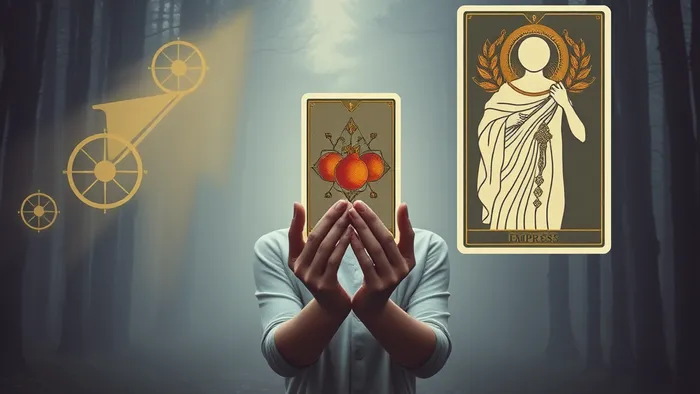 Символическое изображение выбора между двумя путями: карьерой (символы аркана Колесница) и материнством (символы аркана Императрица) с центральным образом карты Таро в руках. Мистическая, глубокая атмосфера.