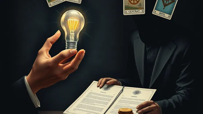 Символическое изображение выбора: рука с изобретением тянется к деньгам и договору инвестора, вокруг парят карты Таро Император и Колесо Фортуны.