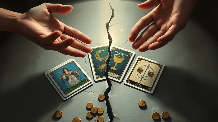 Символическое изображение двух рук, тянущихся друг к другу над столом с трещиной. На столе лежат карты Таро (Маг, Пять Пентаклей, Два Кубков) и рассыпанные монеты. Драматичное освещение подчеркивает тему конфликта и надежды на примирение.