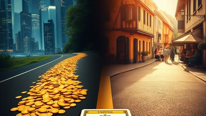 Символическое изображение развилки дорог: одна усыпана монетами и ведет к небоскребам, другая — теплая деревенская улочка к кафе. На развилке лежит колода Таро с картами Император и Иерофант.