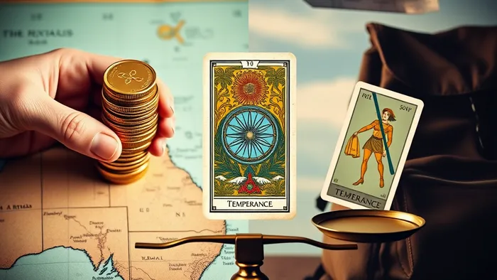 Символическое изображение дилеммы переезда: накопление денег (стопка монет на карте) против быстрого отъезда (рюкзак и карта Шута). В центре — весы с картой Умеренность.